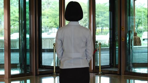 Foyer (Symbolbild) Frau steht vor einer Glastür und blickt nach draußen.