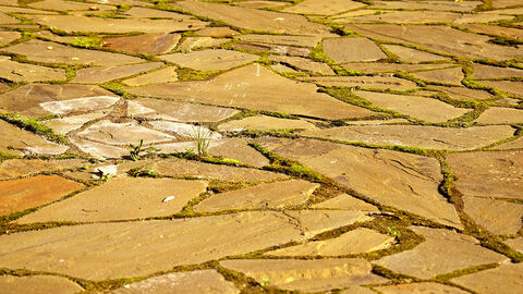 Aufsicht auf unebenes Pflaster.