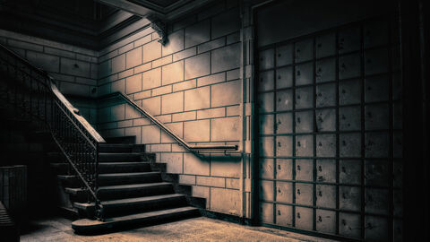 Treppe führt in einen abgedunkelten Kellerraum.