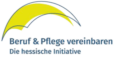 Beruf & Pflege vereinbaren - Die hessische Initiative Schriftzug "Beruf & Pflege vereinbaren - Die hessische Initiative", darüber die Grafik eines gelben runden Dachs.