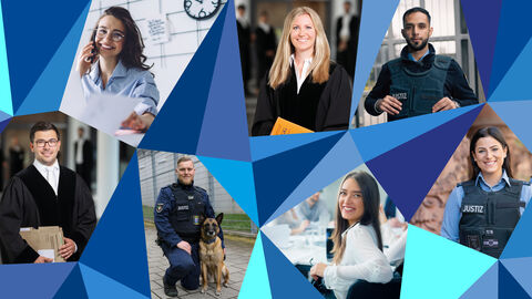 Karrieremöglichkeiten in der Justiz Bildcollage, in der verschiedene Berufe der Justiz teils durch Uniformen vorgestellt werden.