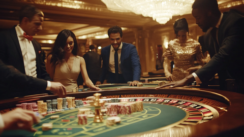 Mehrere Personen stehen um einen Roulette-Tisch beim Glücksspiel.