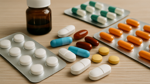 Drei Listerverpackungen mit Tabletten, ein Tinturfläschchen und lose Tabletten liegen auf einem Tisch