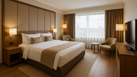 Eine Hotelzimmer mit einem Bett, Schrank, Spiegel und Fenster