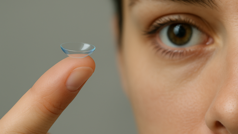 Ein Zeigefinger mit einer Kontaktlinse, die ins gleich ins Auge gesetzt wird