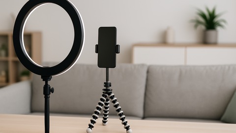 Handy und Lichtquelle auf Stativ