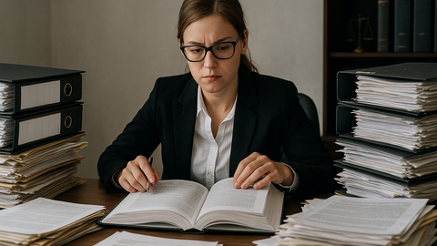 Büroangestellte an einem Schreibtisch mit vielen Akten und Ordnern