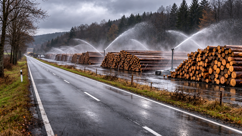 Eine Landstraße mit daneben gelegenem Holznasslager, regnerisch