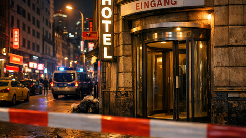 Eingang eines Hotels in einem Bahnhofsviertel.